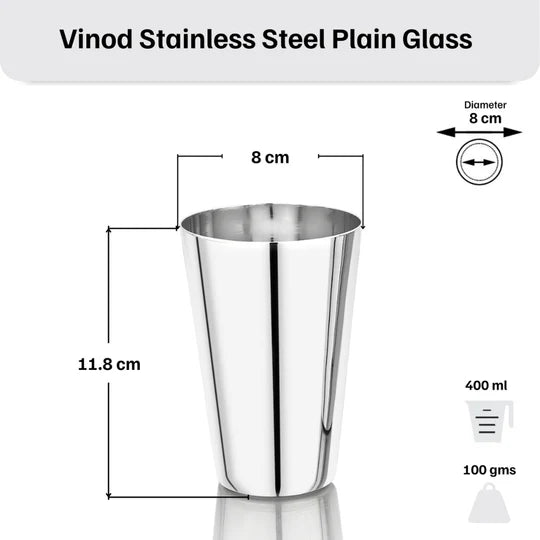 Vinod Stainless Steel Plain Glass, Set of 6 Pieces, No.8 – Capacity 400 ml