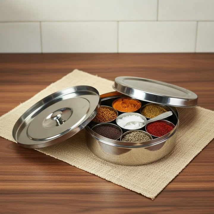 VINOD Stainless Steel Masala Dabba / Spice Box with 7 Containers, Spoon & Inner Lid, Mirror Finish, Rust Free