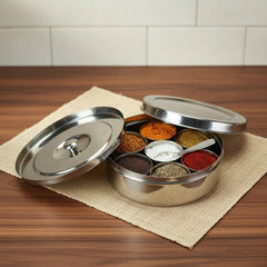 VINOD Stainless Steel Masala Dabba / Spice Box with 7 Containers, Spoon & Inner Lid, Mirror Finish, Rust Free