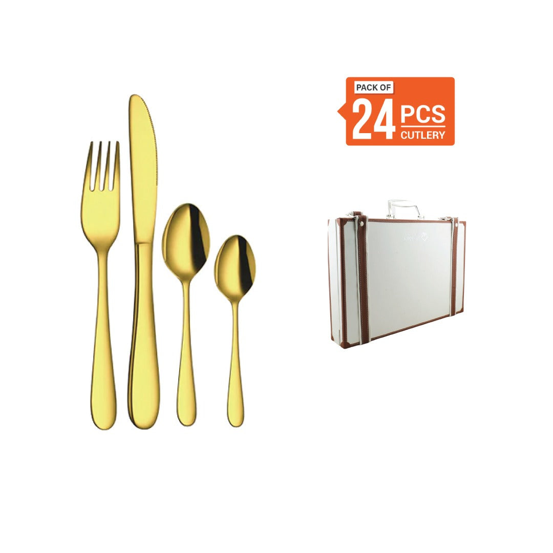 Stainless Steel 24 PCS Cutlery Set (6 Pcs Tea Spoon, 6 Pcs Dessert Spoon, 6 Pcs Dessert Fork and 6 Pcs Dessert Knife) with Leather Box and PVD Gold Coating Jasmine