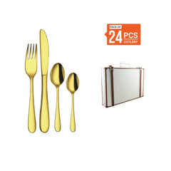 Stainless Steel 24 PCS Cutlery Set (6 Pcs Tea Spoon, 6 Pcs Dessert Spoon, 6 Pcs Dessert Fork and 6 Pcs Dessert Knife) with Leather Box and PVD Gold Coating Jasmine