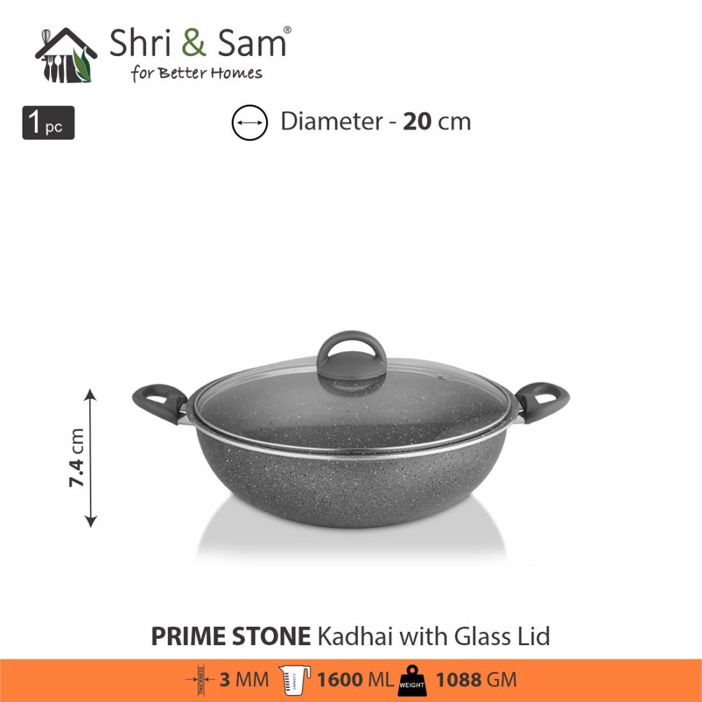 Aluminium Non - Stick Kadhai with Glass Lid Primestone