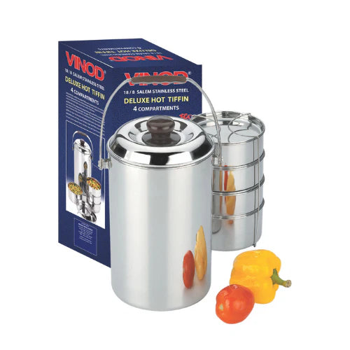 VINOD Stainless Steel Deluxe Hot Tiffin with 4 Compartments, Rust Free, Leak Proof, Insulated and Dishwasher Safe