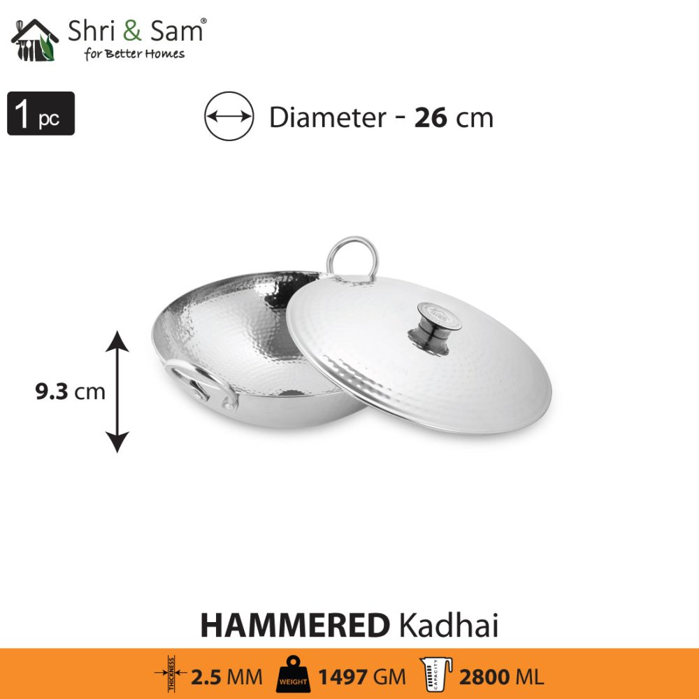 Engrave Stainless Steel Triply Deep Hammered Kadhai with SS Lid Pro