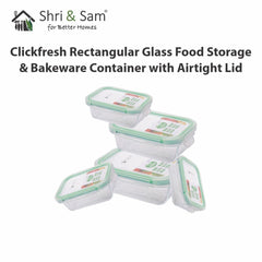 Glass 370ml, 640ml, 1050ml & 1520ml Food Storage & Bakeware Container with Airtight Lid Rectangular Clickfresh