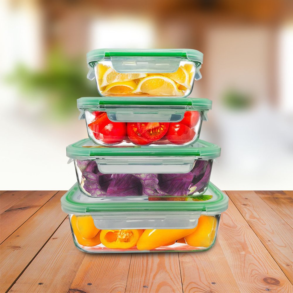 Glass 370ml, 640ml, 1050ml & 1520ml Food Storage & Bakeware Container with Airtight Lid Rectangular Clickfresh