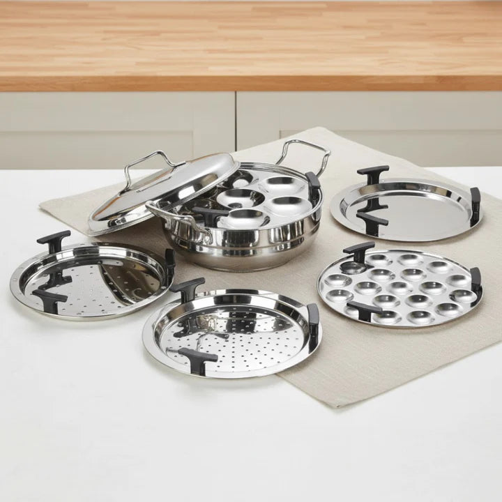 Doniv Stainless Steel Induction Bottom Multi Kadhai with 5 Plates (2 Idli, 1 Mini Idli, 1 Patra/Momos, 2 Khaman / Dhokla)
