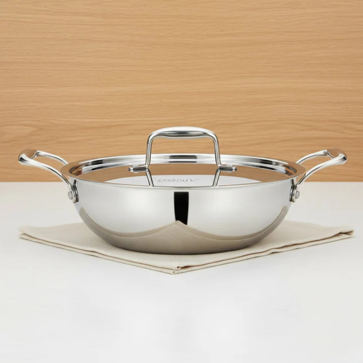Doniv Titanium Triply Stainless Steel Kadhai with Steel Lid , Induction Friendly
