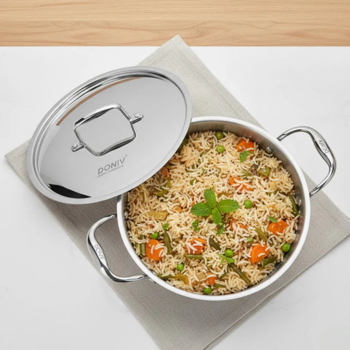 Doniv Titanium Triply Stainless Steel Kadhai with Steel Lid , Induction Friendly