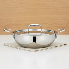 Doniv Titanium Triply Stainless Steel Kadhai with Steel Lid , Induction Friendly