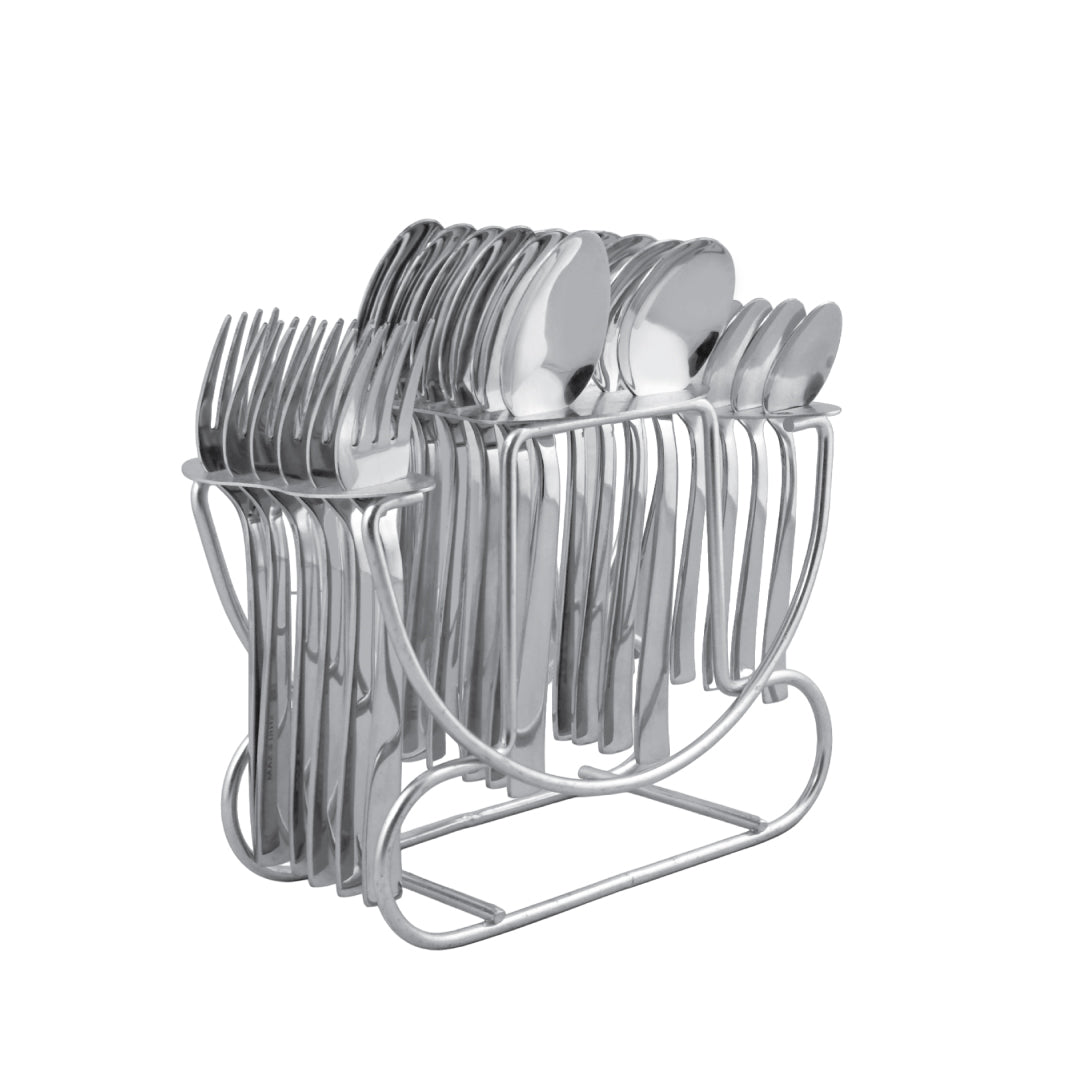 Stainless Steel 24 PCS Cutlery Set (6 Pcs Tea Spoon, 6 Pcs Dessert Spoon, 6 Pcs Dessert Fork and 6 Pcs Dessert Soup Spoon) with Stand Lotus Plain