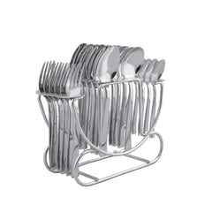 Stainless Steel 24 PCS Cutlery Set (6 Pcs Tea Spoon, 6 Pcs Dessert Spoon, 6 Pcs Dessert Fork and 6 Pcs Dessert Soup Spoon) with Stand Lotus Plain