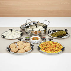 Doniv Stainless Steel Induction Bottom Multi Kadhai with 5 Plates (2 Idli, 1 Mini Idli, 1 Patra/Momos, 2 Khaman / Dhokla)