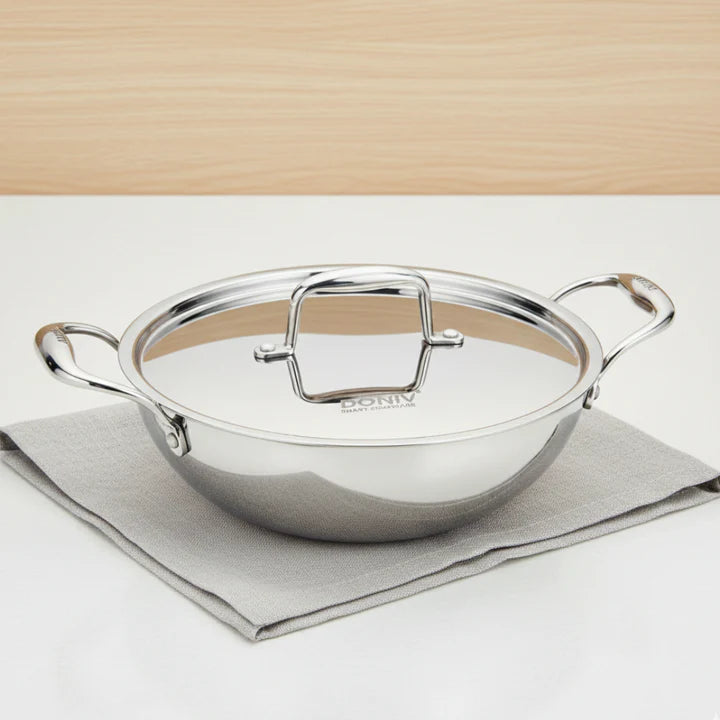 Doniv Titanium Triply Stainless Steel Kadhai with Steel Lid , Induction Friendly