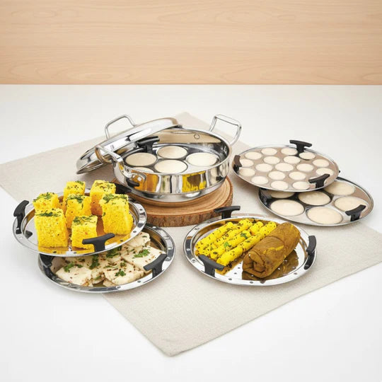 Doniv Triply Stainless Steel 6 Plates and 1 Multipurpose Kadai Steamer for Idli, Dhokla, Momos Heavy Guage Idli Dhokla Cooker Induction & Gas Stove Compatible (2 Idli, 1 Mini Idli, 1 Patra/Momos, 2 Khaman / Dhokla)