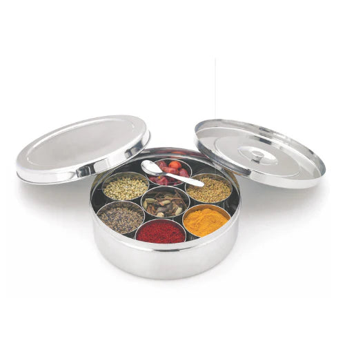VINOD Stainless Steel Masala Dabba / Spice Box with 7 Containers, Spoon & Inner Lid, Mirror Finish, Rust Free