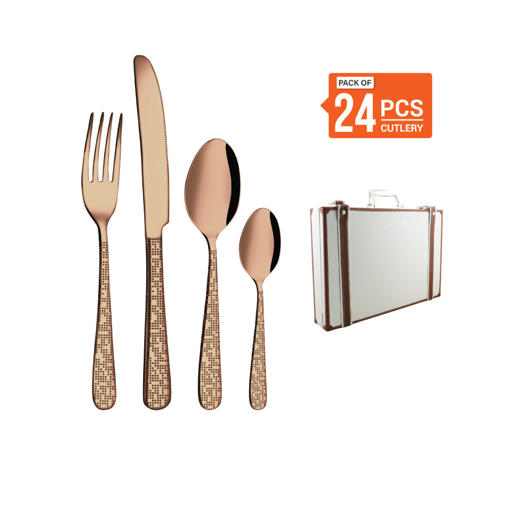 Stainless Steel 24 PCS Cutlery Set (6 Pcs Tea Spoon, 6 Pcs Dessert Spoon, 6 Pcs Dessert Fork and 6 Pcs Dessert Knife) with Leather Box and PVD Rose Gold & Laser Monika