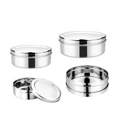VINOD Stainless Steel Puri Dabba Set of 4 - Capacity: 300 ml, 450ml, 650ml, 1000 ml, Heavy Gauge Steel, Mirror Finish, Airtight Lids & Rust Free