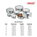 VINOD Stainless Steel Puri Dabba Set of 8 - Capacity: 300 ml to 2500 ml with Airtight Lids, Heavy Gauge Steel, Mirror Finish, Dishwasher Safe