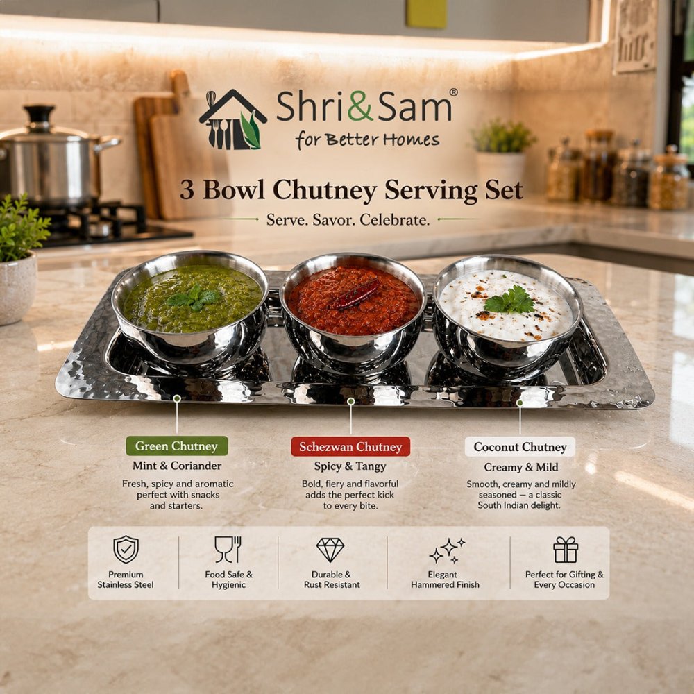 Stainless Steel 3 Bowl Chutney Serving Set with Tray