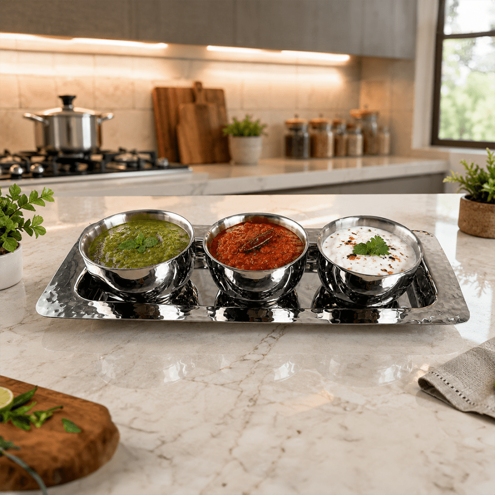 Stainless Steel 3 Bowl Chutney Serving Set with Tray