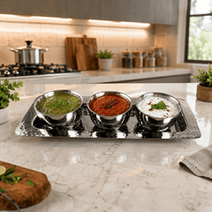 Stainless Steel 3 Bowl Chutney Serving Set with Tray