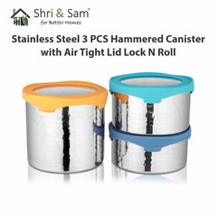 Stainless Steel 3 PCS Hammered Canister with Air Tight Lid Lock N Roll