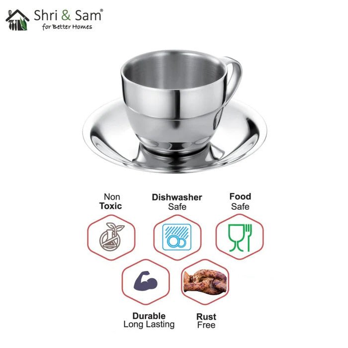 Stainless Steel 4 PCS Double Wall Cup and Saucer Aster
