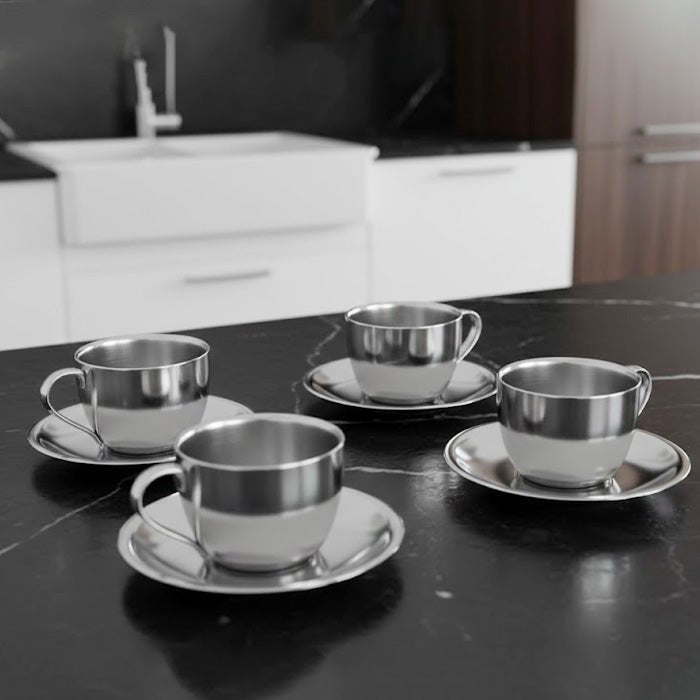 Stainless Steel 4 PCS Double Wall Cup and Saucer Aster