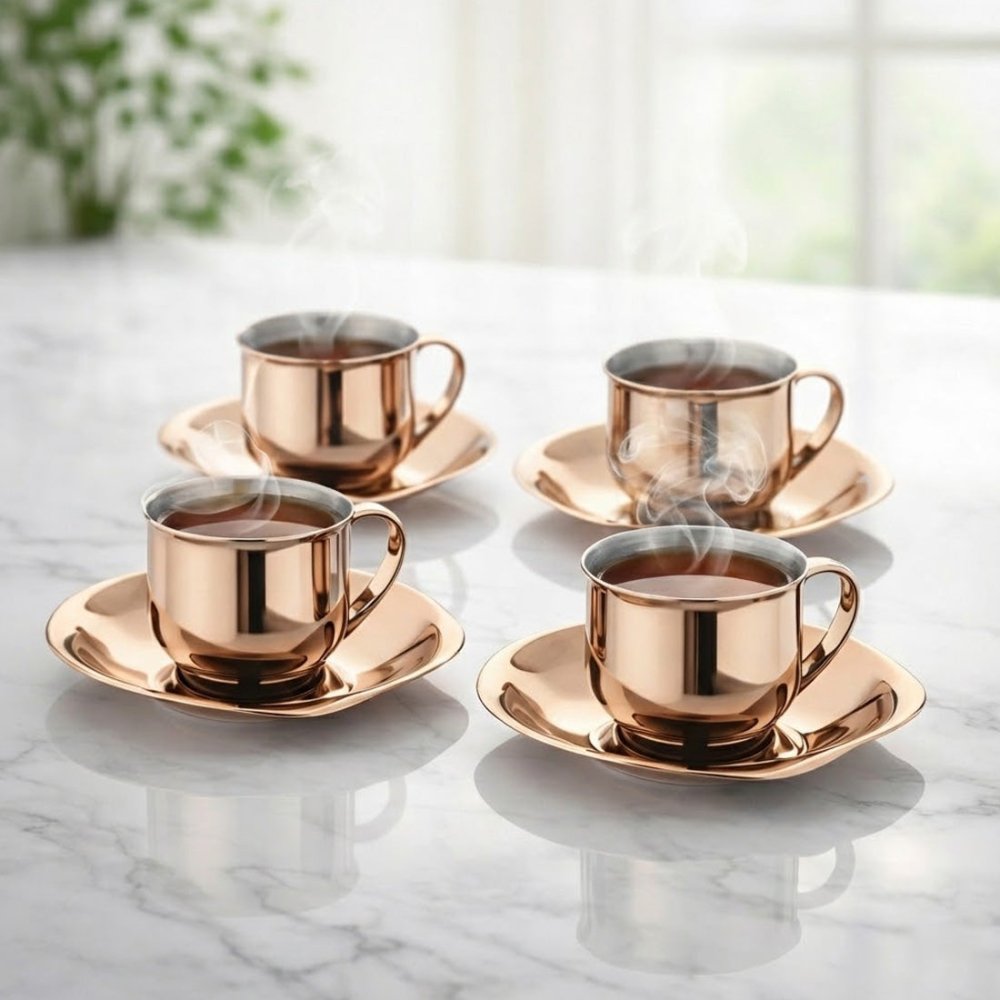 Stainless Steel 4 PCS Double Wall Cup and Saucer with Rose Gold PVD Coating Daisy