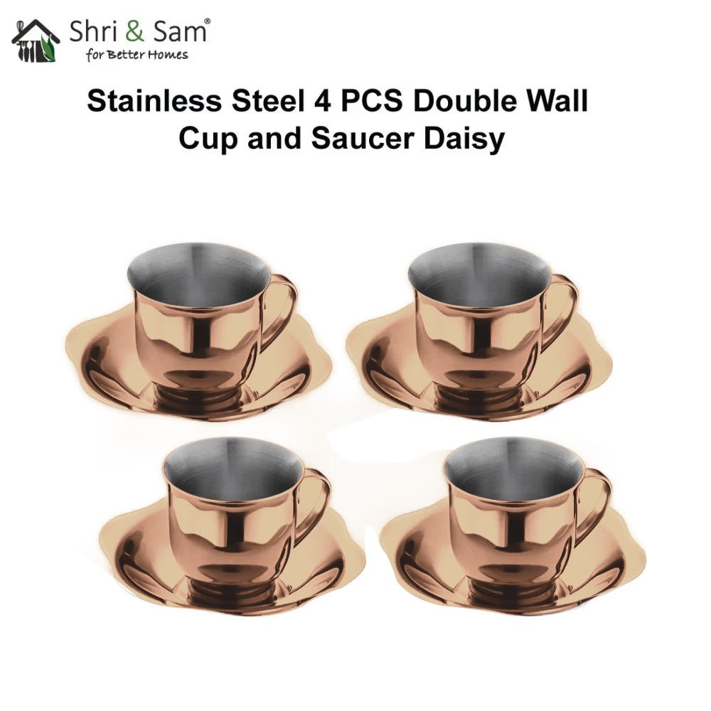 Stainless Steel 4 PCS Double Wall Cup and Saucer with Rose Gold PVD Coating Daisy