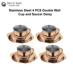 Stainless Steel 4 PCS Double Wall Cup and Saucer with Rose Gold PVD Coating Daisy