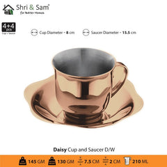 Stainless Steel 4 PCS Double Wall Cup and Saucer with Rose Gold PVD Coating Daisy