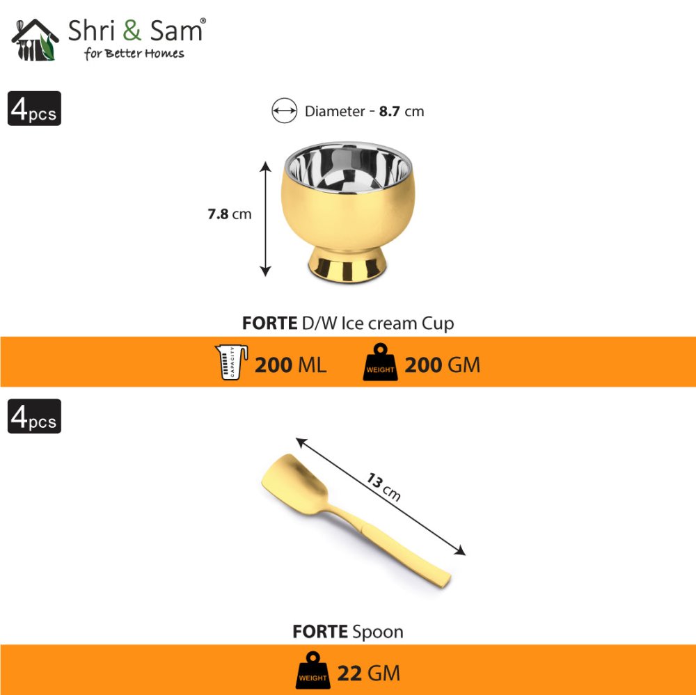 Stainless Steel 4 PCS Double Wall Ice Cream Set with Gold PVD Coating Forte