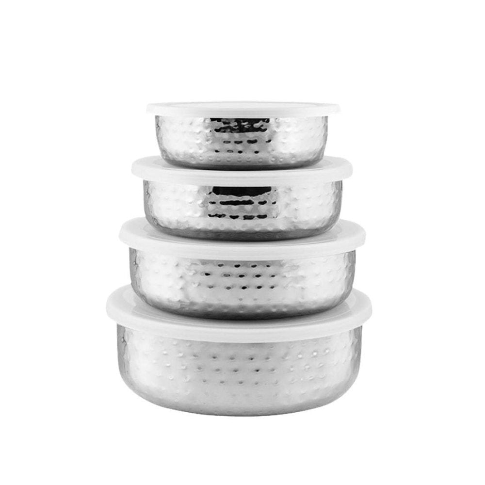 Stainless Steel 4 PCS Hammered Bowl with Plastic Lid