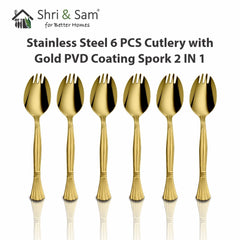Stainless Steel 6 PCS Cutlery with Gold PVD Coating Spork 2 IN 1