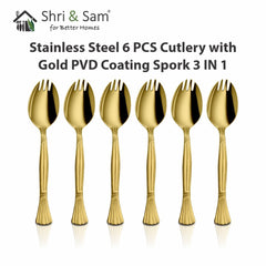 Stainless Steel 6 PCS Cutlery with Gold PVD Coating Spork 3 IN 1