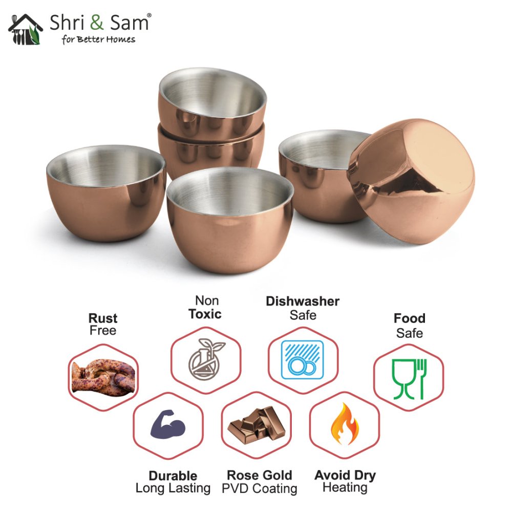 Stainless Steel 6 PCS Double Wall Bowl with Rose Gold PVD Coating Nikki