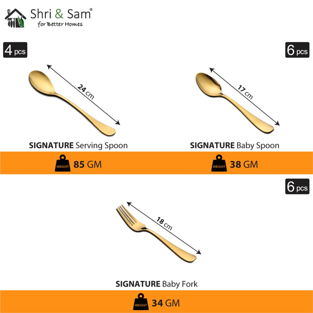 Stainless Steel 64 PCS Dinner Set (6 People) with Gold PVD Coating and Laser Signature - Shiny