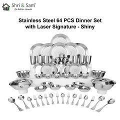 Stainless Steel 64 PCS Dinner Set (6 People) with Laser Signature - Shiny