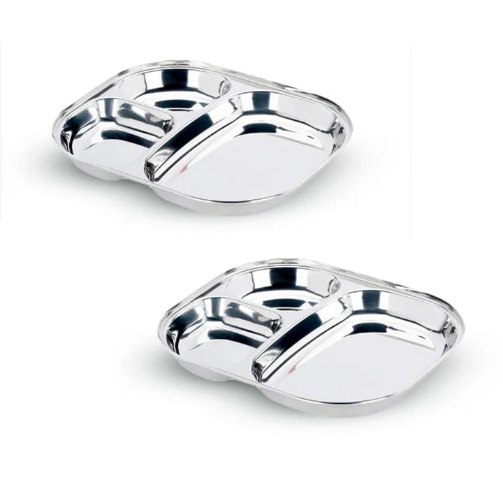 Vinod Stainless Steel 3 Compartment Plate with Round Edges/ Pav Bhaji Plates/ Idli Sambhar Breakfast Plate / Steel Plates for Lunch/Dinner [Pack of 2 ]