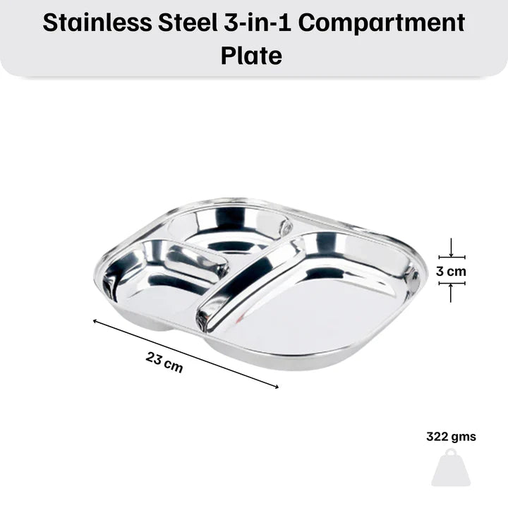 Vinod Stainless Steel 3 Compartment Plate with Round Edges/ Pav Bhaji Plates/ Idli Sambhar Breakfast Plate / Steel Plates for Lunch/Dinner [Pack of 2 ]