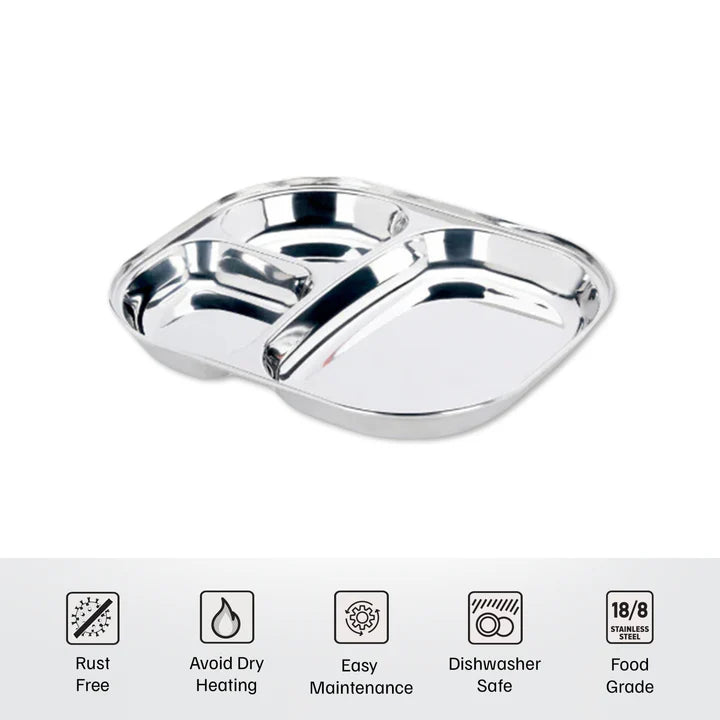 Vinod Stainless Steel 3 Compartment Plate with Round Edges/ Pav Bhaji Plates/ Idli Sambhar Breakfast Plate / Steel Plates for Lunch/Dinner [Pack of 2 ]
