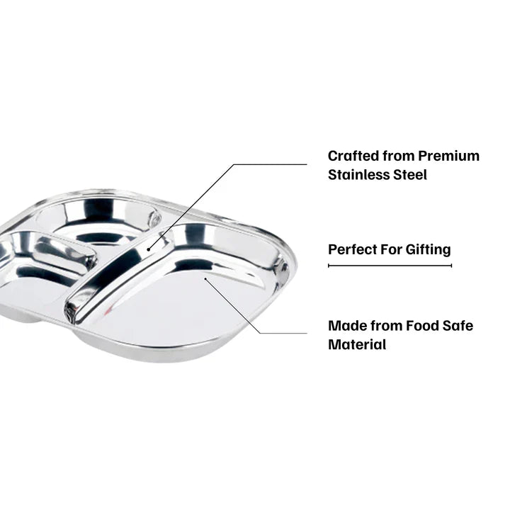 Vinod Stainless Steel 3 Compartment Plate with Round Edges/ Pav Bhaji Plates/ Idli Sambhar Breakfast Plate / Steel Plates for Lunch/Dinner [Pack of 2 ]