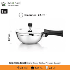 Stainless Steel Bharat Triply Kadhai Pressure Cooker 2.5 Ltr
