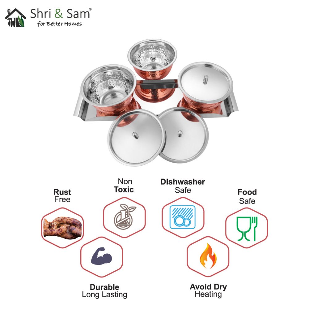 Stainless Steel Copper Hammered Serving Bowl Set with SS Lid and Tray Miska