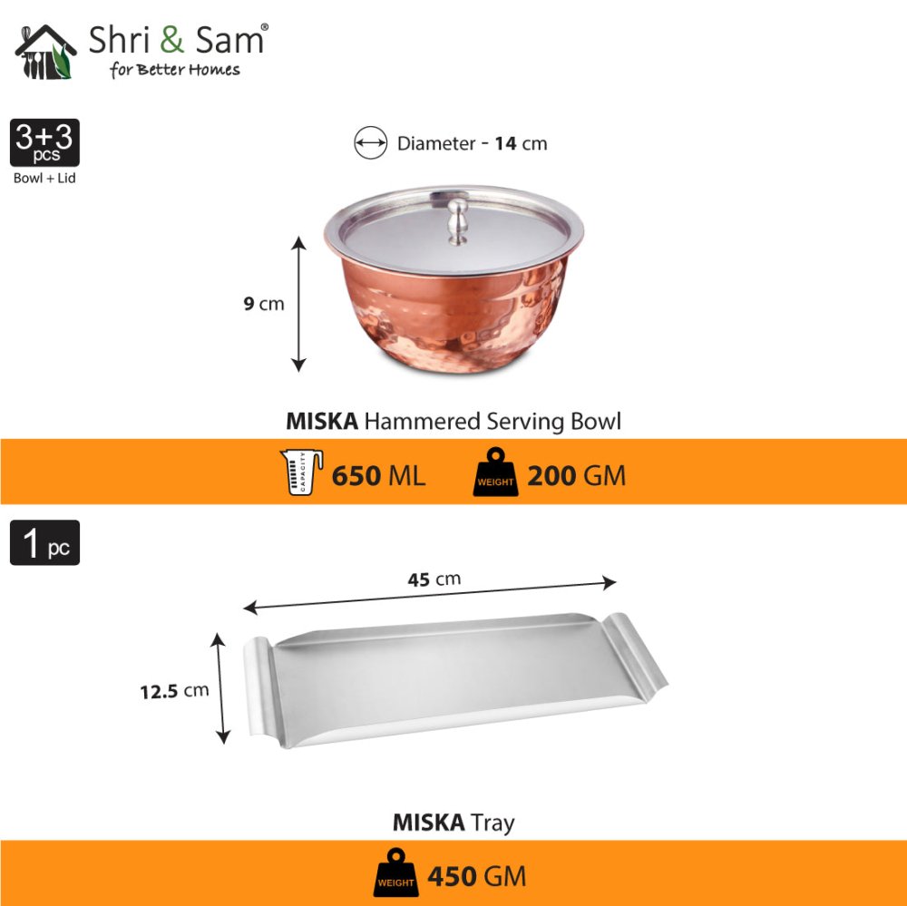 Stainless Steel Copper Hammered Serving Bowl Set with SS Lid and Tray Miska