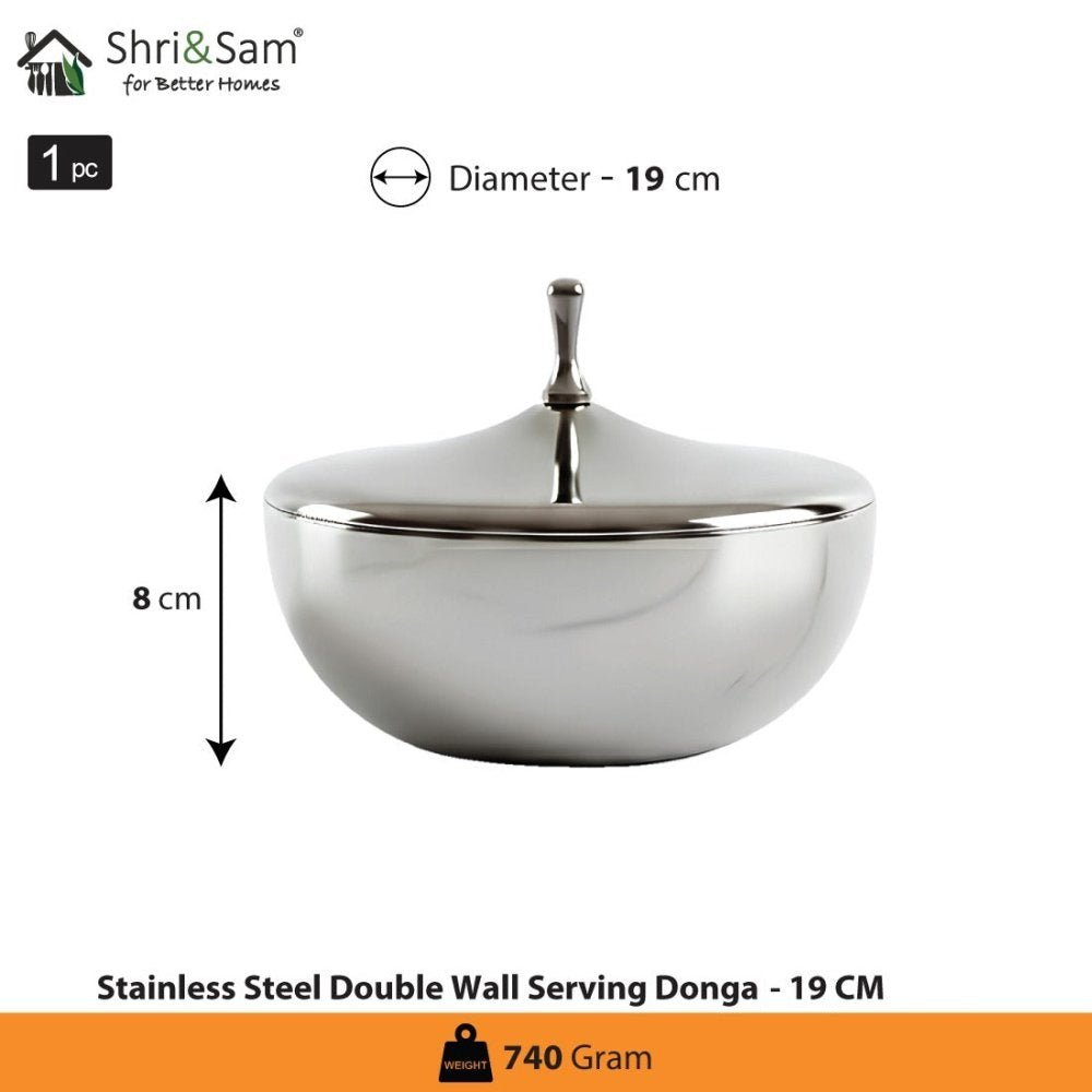 Stainless Steel Double Wall Serving Donga - 19 CM