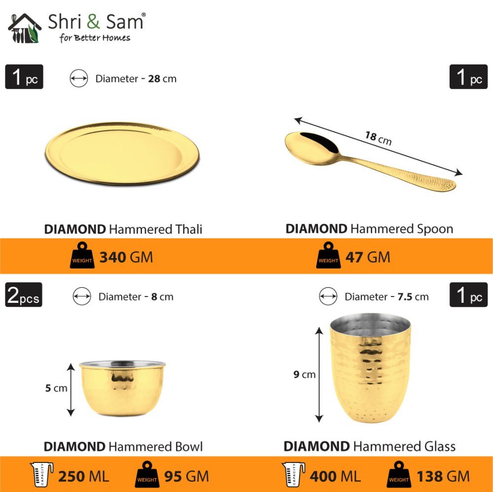 Stainless Steel Hammered Thali Set with Gold PVD Coating Diamond