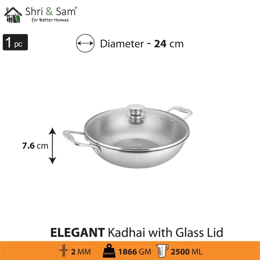 Stainless Steel Heavy Weight Hammered Kadhai with Glass Lid Elegant